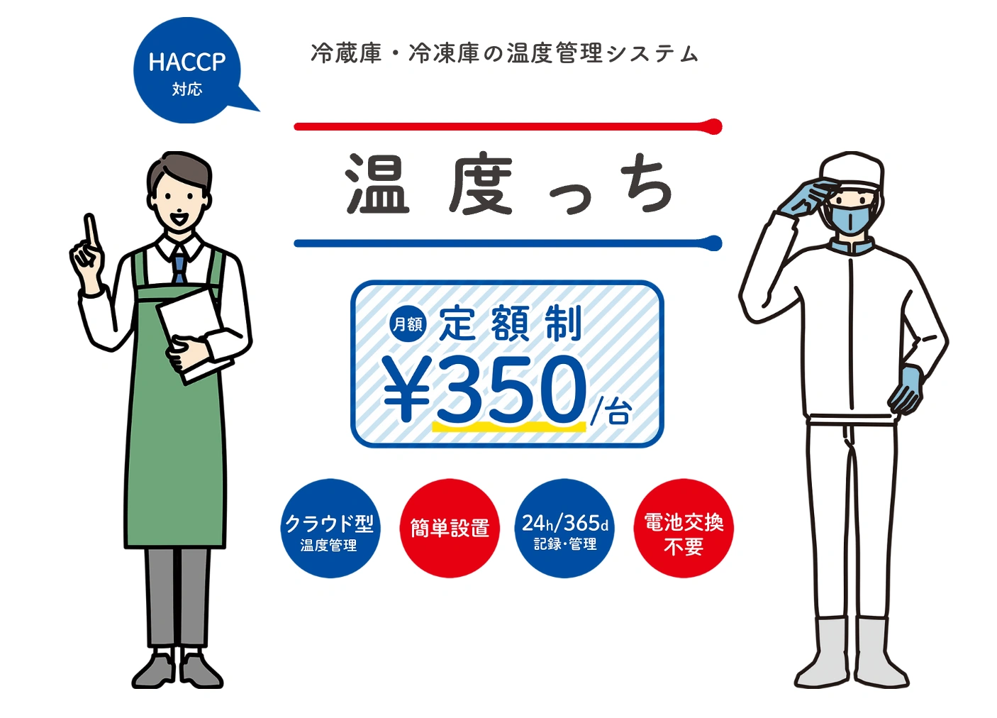 冷蔵庫・冷凍庫の温度管理システム「温度っち」（おんどっち）。HACCP対応、月額定額制 1台あたり350円。クラウド型、簡単設置、24時間365日の記録・管理、電池交換不要。